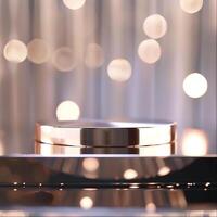A shiny object on a table with lights behind it photo