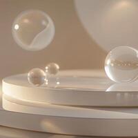 3d render of a white table with several bubbles floating on it photo