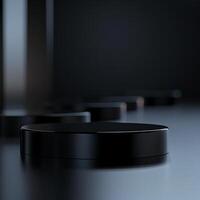 Black round objects on a table with a black background photo