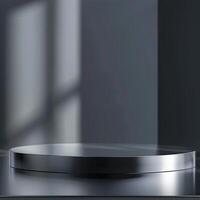 A round metal table on a table in front of a window photo