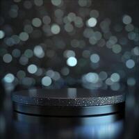 An empty black pedestal on a table with a blurred background photo