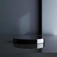 A black round table on a table in front of a wall photo