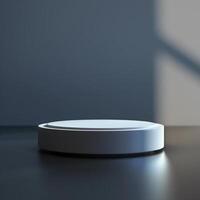A white circular object on a table in front of a window photo