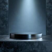An empty podium on a concrete floor with a spotlight photo