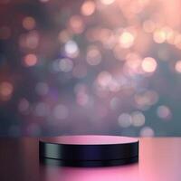 An empty black stand on a table with a blurred background photo