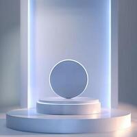3d render of a white podium with a round object on top photo