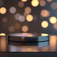 A black table with a shiny surface and a light background photo