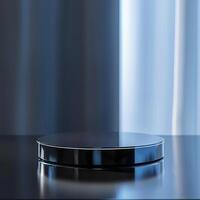 A black and white table with a round object on it photo
