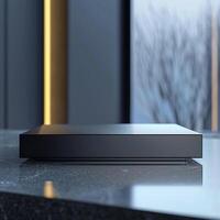 A black box sitting on a table in front of a window photo