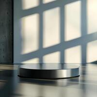 A metal object sitting on a table in front of a window photo