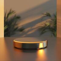 A round object on a table with a plant in the background photo