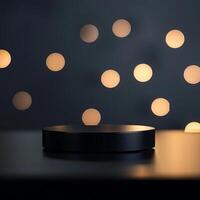 A black object on a table with lights in the background photo