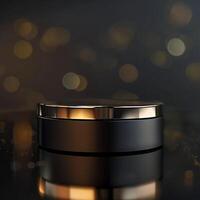 Black and gold cosmetic container on a shiny surface photo
