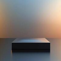 An empty black box on a table with a blurred background photo