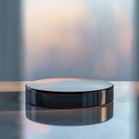 A black round object on a table with a blurred background photo