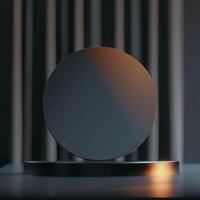 A mirror on a stand in front of a curtain photo