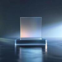 A glass block on a table with a light shining on it photo