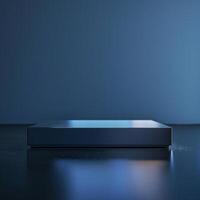 A blue box sitting on a table in front of a wall photo