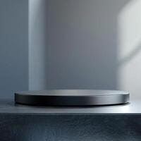 A black circular object on a table in front of a window photo