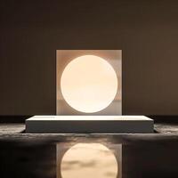 A white light is on a table in front of a mirror photo