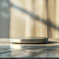 A white circular object on a marble counter photo