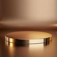 Golden round podium with a shiny surface on a brown background photo
