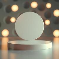 3d render of a white round pedestal with lights in the background photo