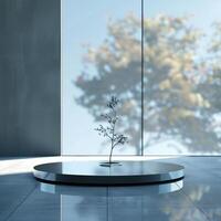 A small plant is sitting on a round table in front of a large window photo