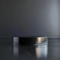 Black round metal container on a table with a reflection photo