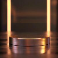 A round object on a table in front of a light photo