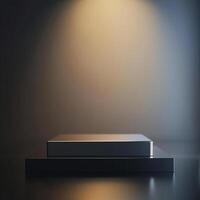 An empty book on a table in front of a spotlight photo