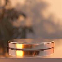 A round object sitting on a table with a golden background photo