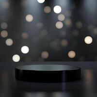 Black podium on a dark table with lights photo
