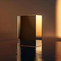 A golden box sitting on a table with a reflection photo