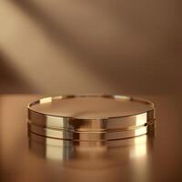 Golden round table with a silver top on a table photo