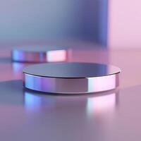 Two circular objects on a table with a pink background photo
