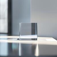 A glass cube sitting on a table in front of a window photo