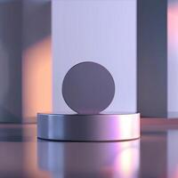 A white round object on a table in front of a wall photo