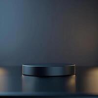 A black object on a table in front of a dark background photo
