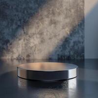 A round metal object on a table in front of a wall photo