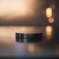A black object sitting on a table in front of a blurry background photo