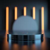 A black object on a table with orange lights photo
