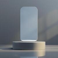 A white phone on a stand in front of a window photo