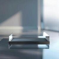 A glass table with a small object on it photo