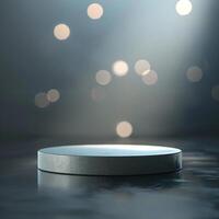 An empty podium on a table with lights in the background photo