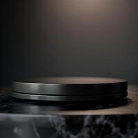 A black circular object on top of a marble table photo