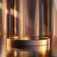 A round metal object on a table with a light shining on it photo