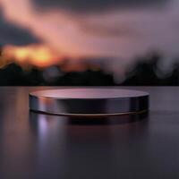 A circular object on a table with a sunset in the background photo