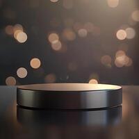 A black round table with a light shining on it photo