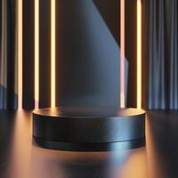 An empty black round table with a spotlight in the background photo